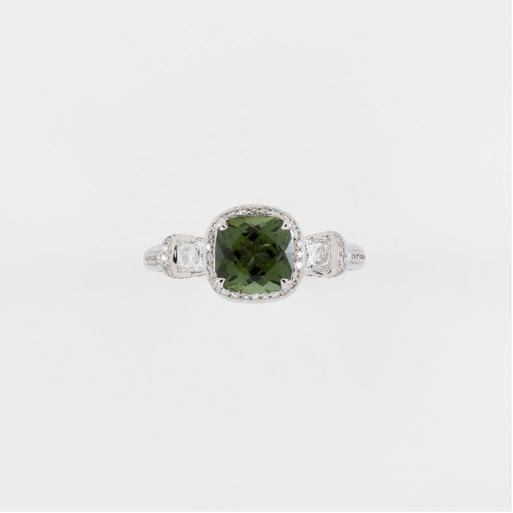 18KT White Gold Diamond & Green Tourmaline Ring