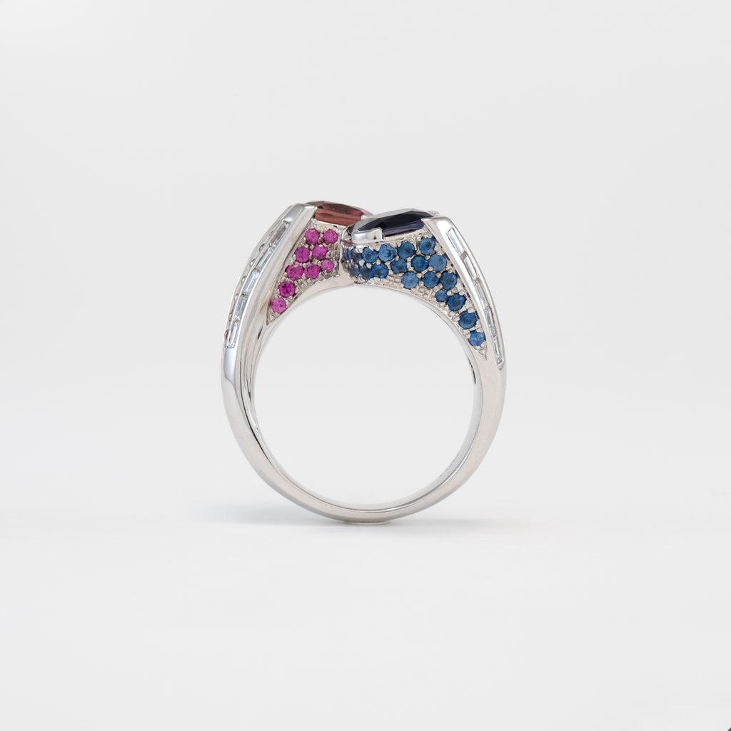 18KT White Gold Diamond Pink Tourmaline & Iolite Ring